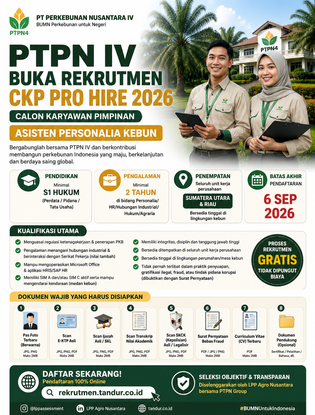 PTPN IV Buka Rekrutmen CKP Pro Hire 2026 untuk S1 Hukum, Deadline 6 September