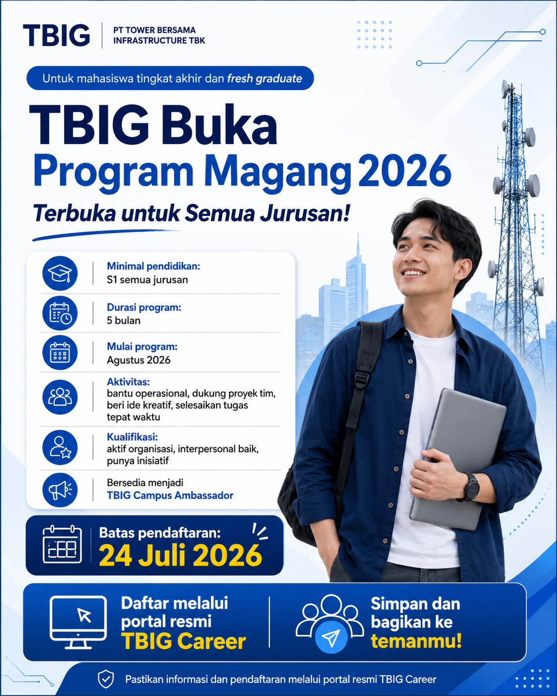 PT Tower Bersama Infrastructure Tbk Buka Program Magang 2026 untuk Mahasiswa Tingkat Akhir dan Fresh Graduate, Daftar hingga 24 Juli