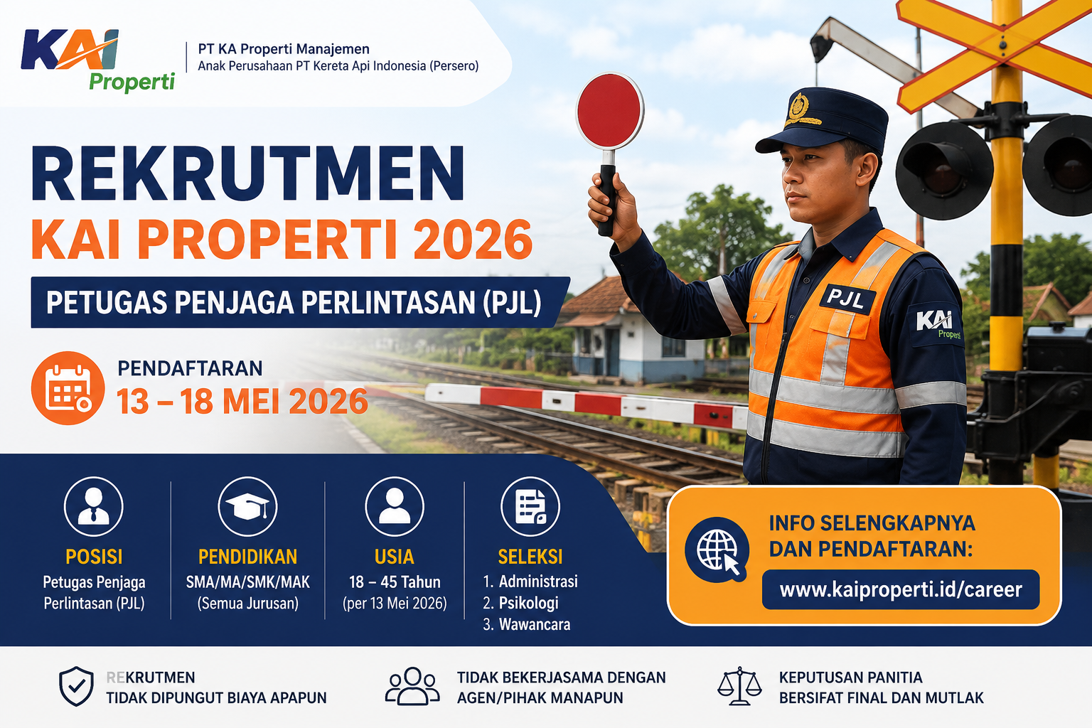 KAI Properti Buka Rekrutmen Petugas Penjaga Perlintasan, Pendaftaran hingga 18 Mei 2026