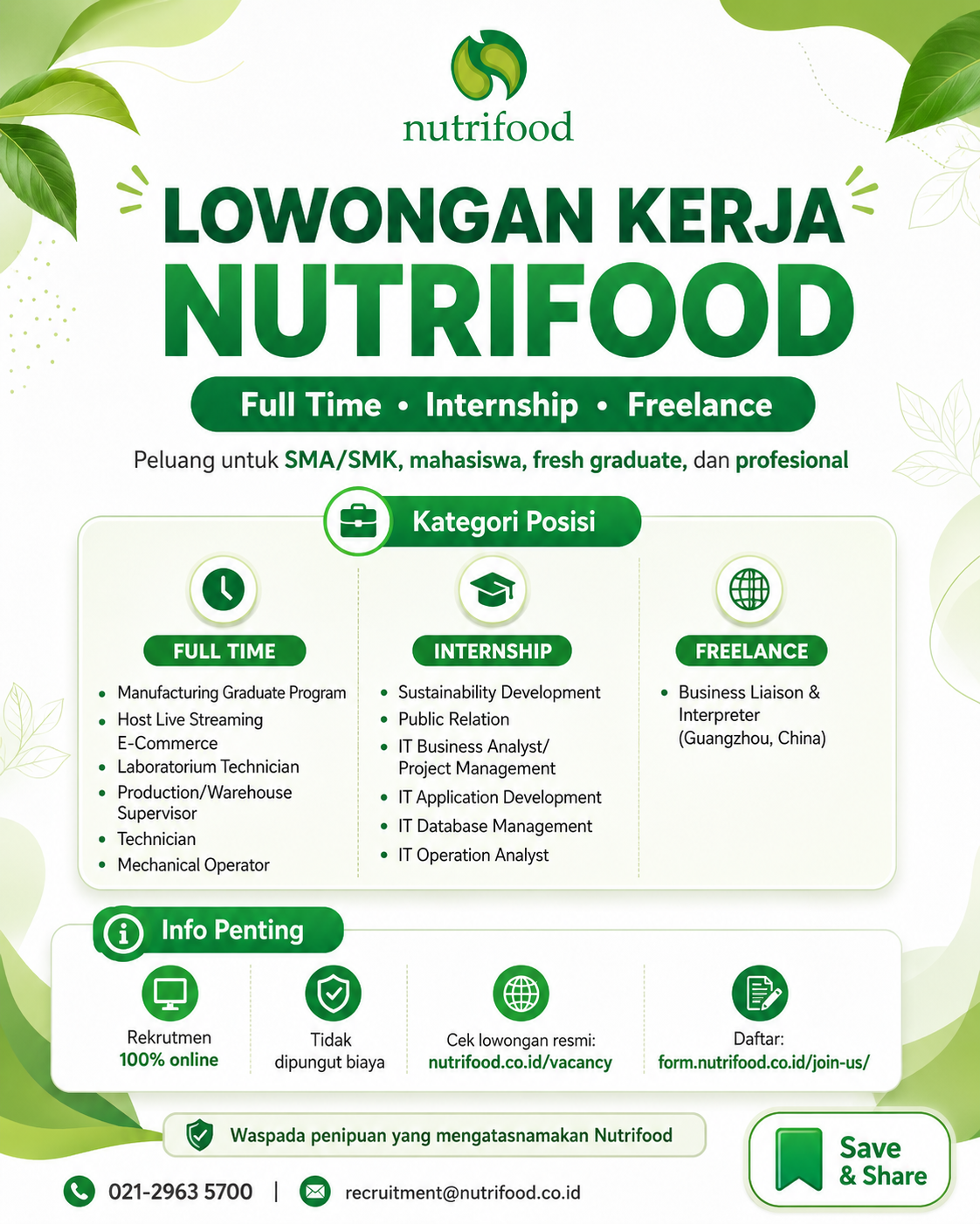 Nutrifood Buka 13 Lowongan Kerja, Magang, dan Freelance bagi Lulusan SMA hingga Fresh Graduate