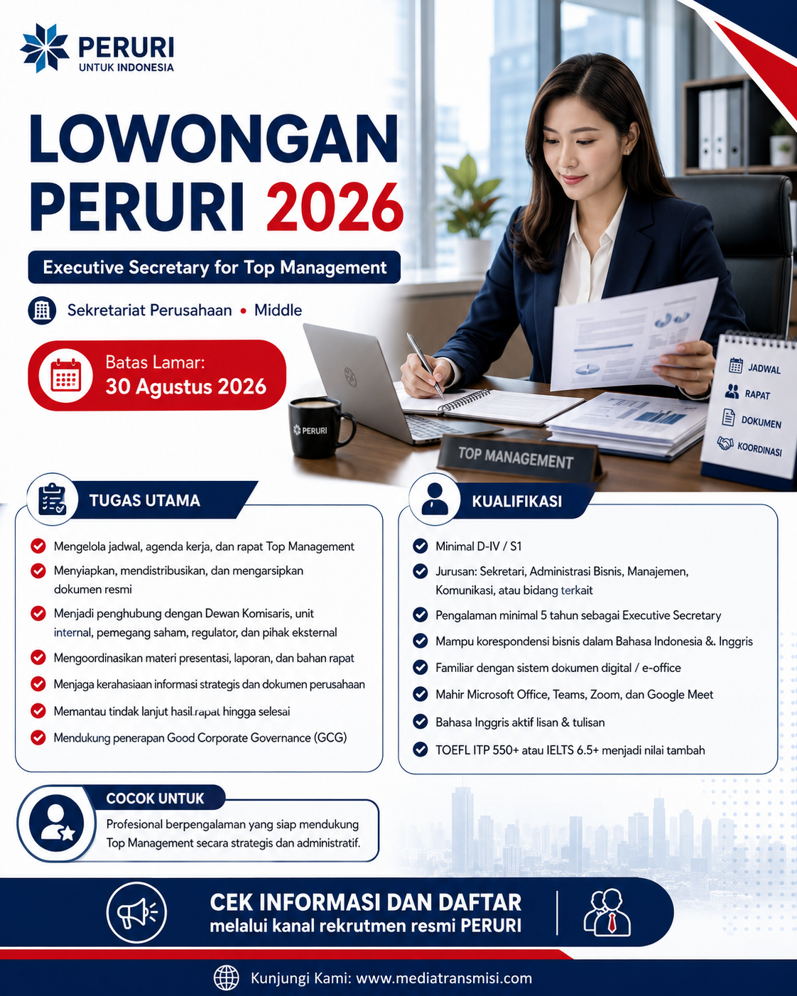 PERURI Buka Lowongan Executive Secretary for Top Management, Pendaftaran hingga 30 Agustus 2026