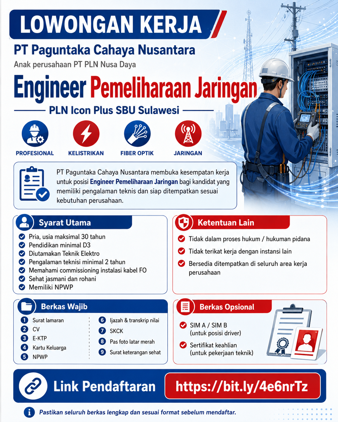 PT Paguntaka Cahaya Nusantara Buka Lowongan Engineer Pemeliharaan Jaringan PLN Icon Plus SBU Sulawesi